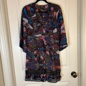 Anthropologie Ranna Gill Boho Paisley Embroidered Tassel Trim Dress Tunic Size 6